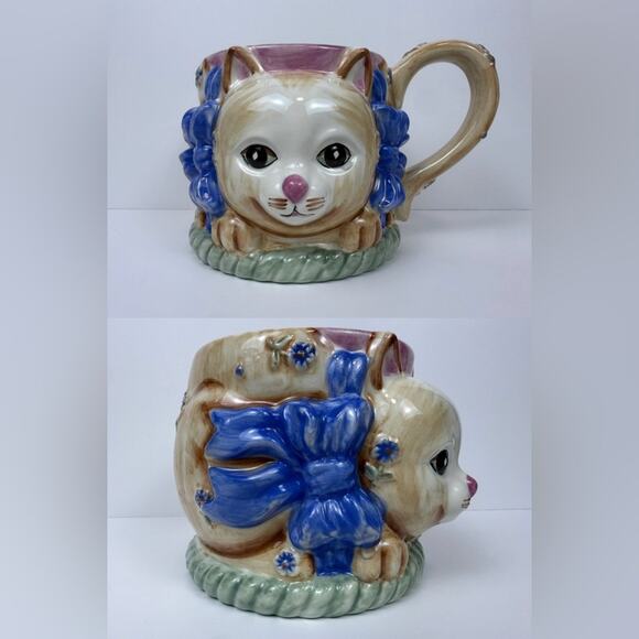 Gibson Other - Gibson Ceramic 3D Cat Coffee Tea Mug With Bows And Flowers